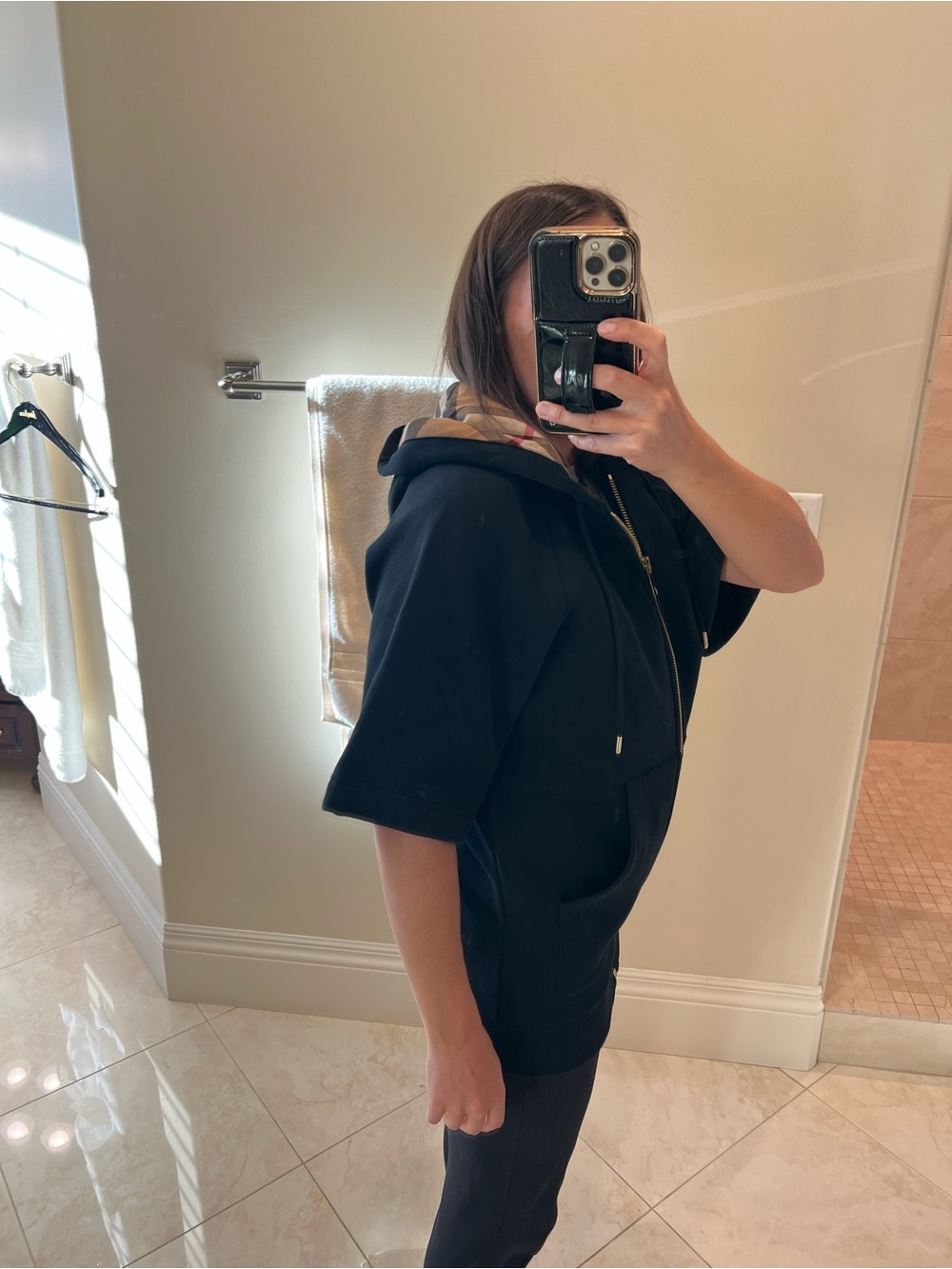 Burberry Black Short-Sleeve Zip Hoodie with Signature Check Hood - Picture 7 of 8